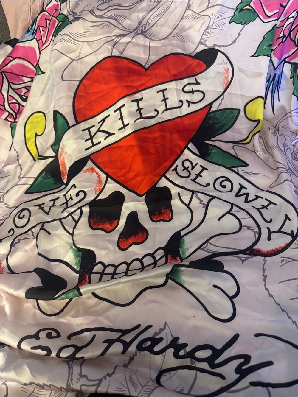 Ed Hardy Red Heart & Skull oversized scarf with Floral Accents